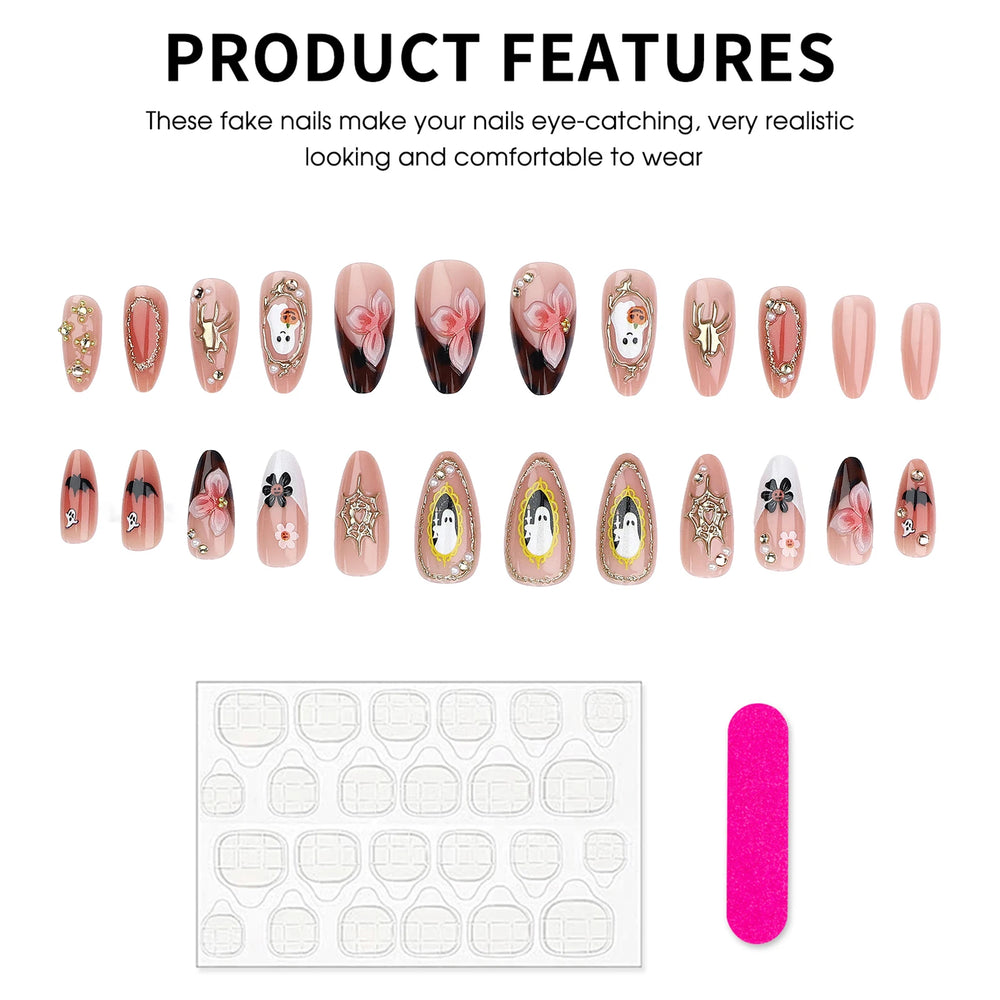 Pink Ghost & Pumpkin Halloween French Press-On Nails – Almond, 24 Pcs