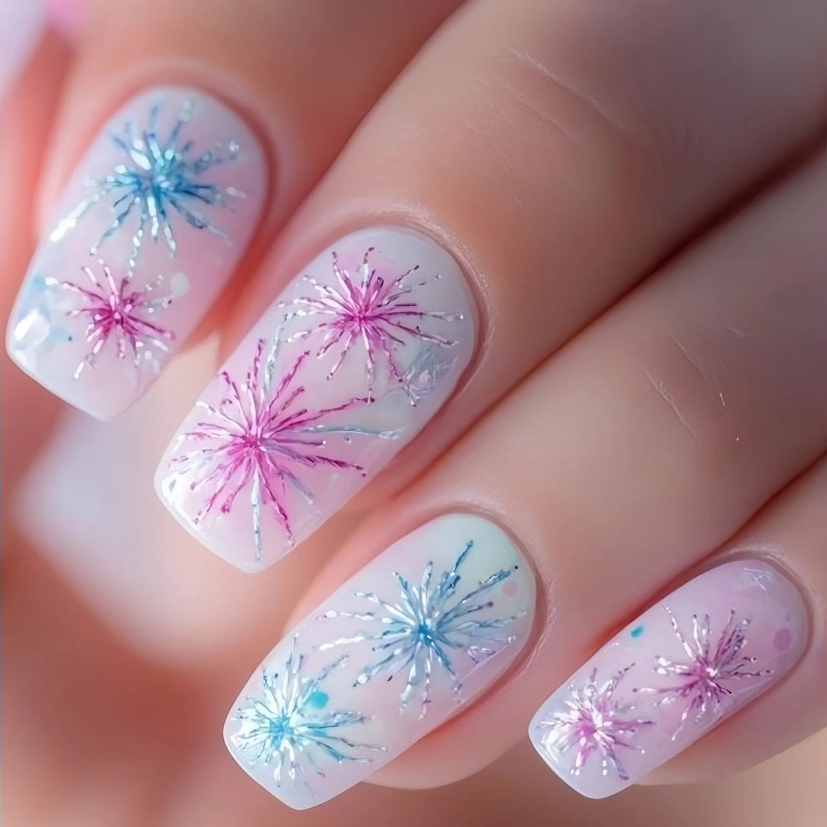Medium Square fake nails for women girls gradient pink purple blue firework design for New year french tips press on false nail
