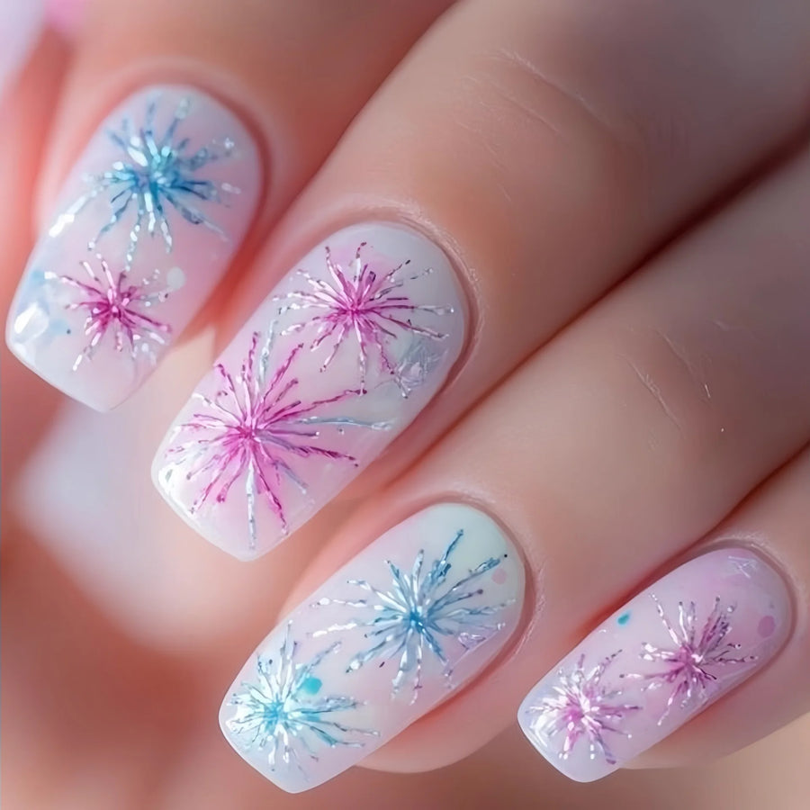 Pink Purple Blue Firework New Year French Press-On Nails – Medium Square