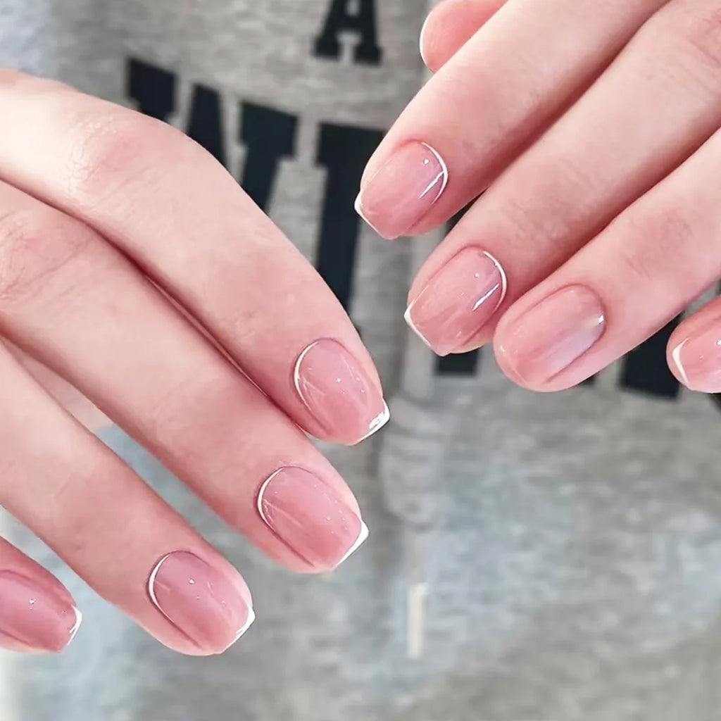Medium fake nails for women girls Nude square nail tips with white strips printing full cover reusable press on false nail art