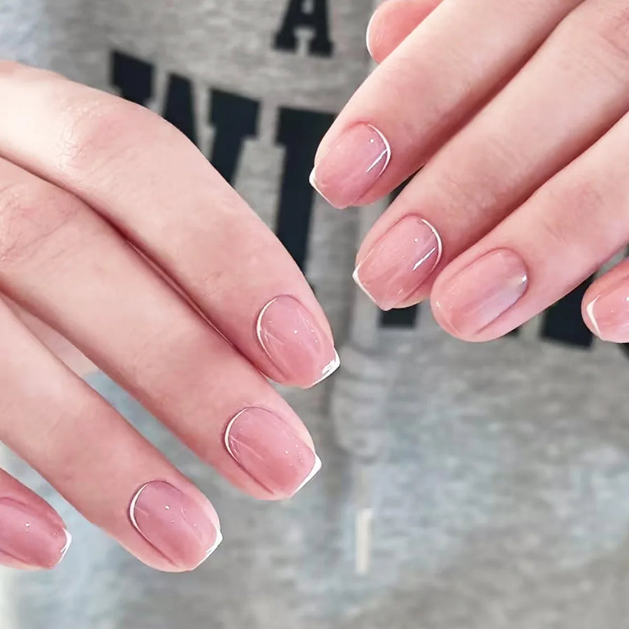 Nude Square Press-On Nails with White Stripes – Medium