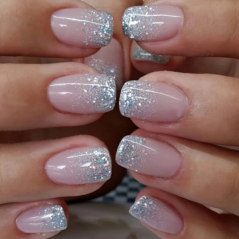 Nude Pink Sparkling Glitter Press-On Nails – Short Square
