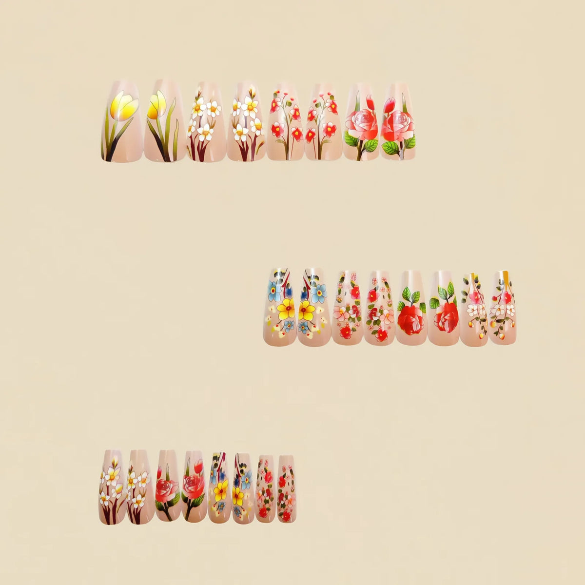 Medium fake nails for women girls pink red yellow blue flowers for Spring summer ballet shape full cover press on nails set