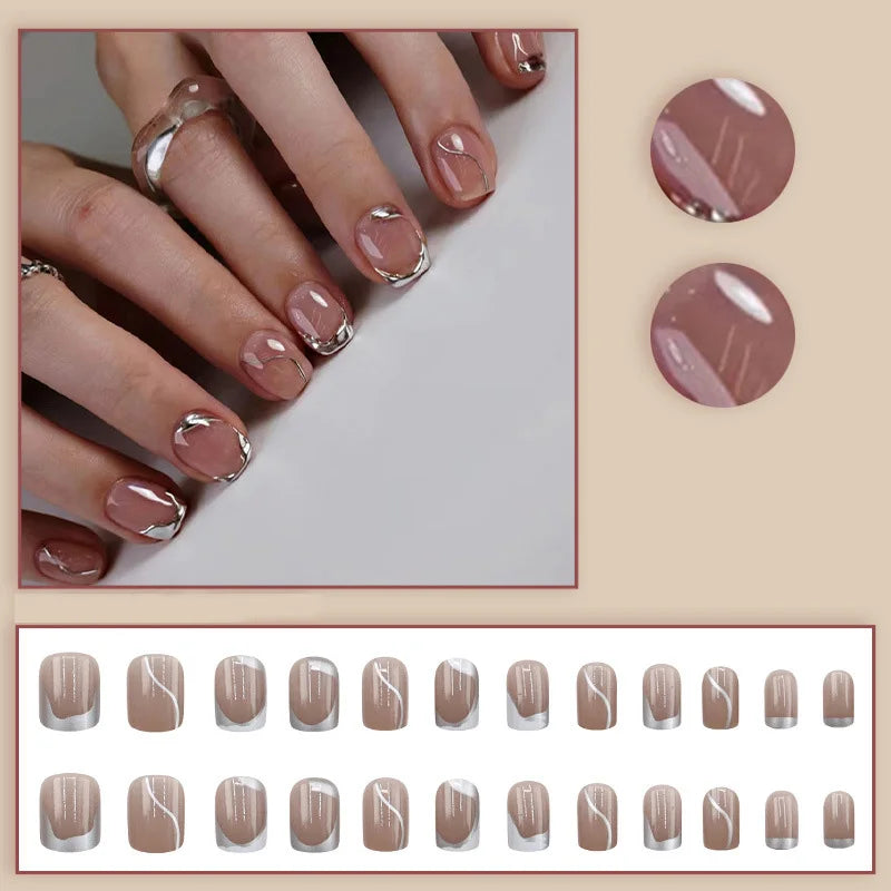 Nude French Silver Frame Press-On Nails – Short Square, 24 Pcs