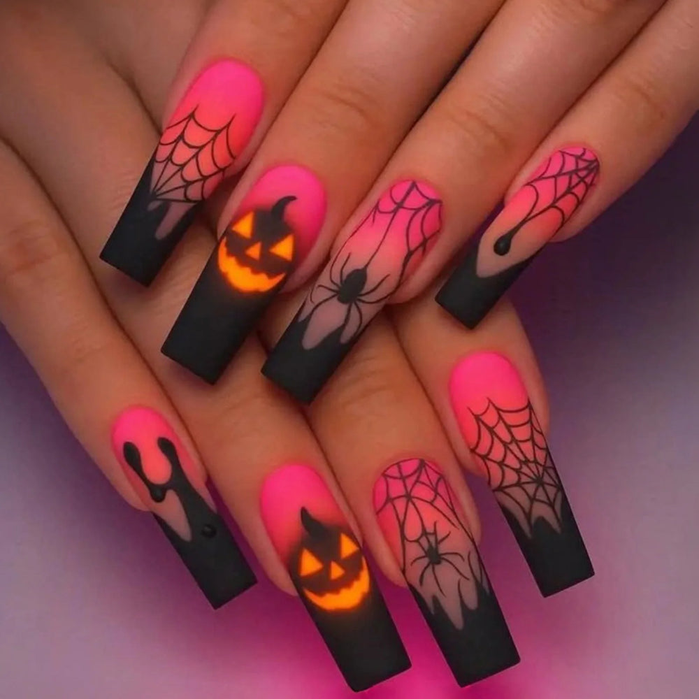 Pink Ombre Pumpkin & Spider Web Press-On Nails – Long Coffin, 24 Pcs