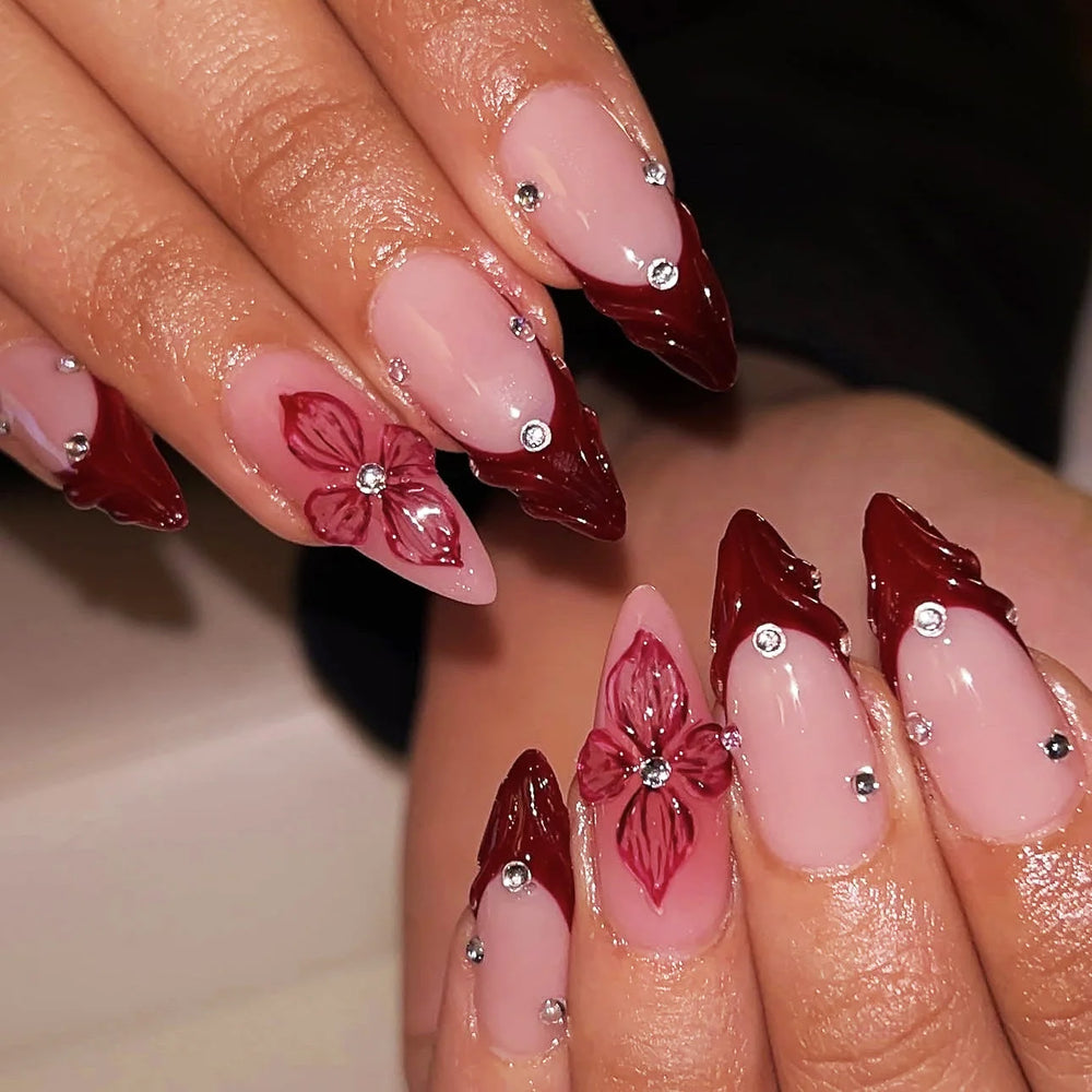 3D Dark Red Nude French Almond Press-On Nails with Embossed Flowers & Rhinestones