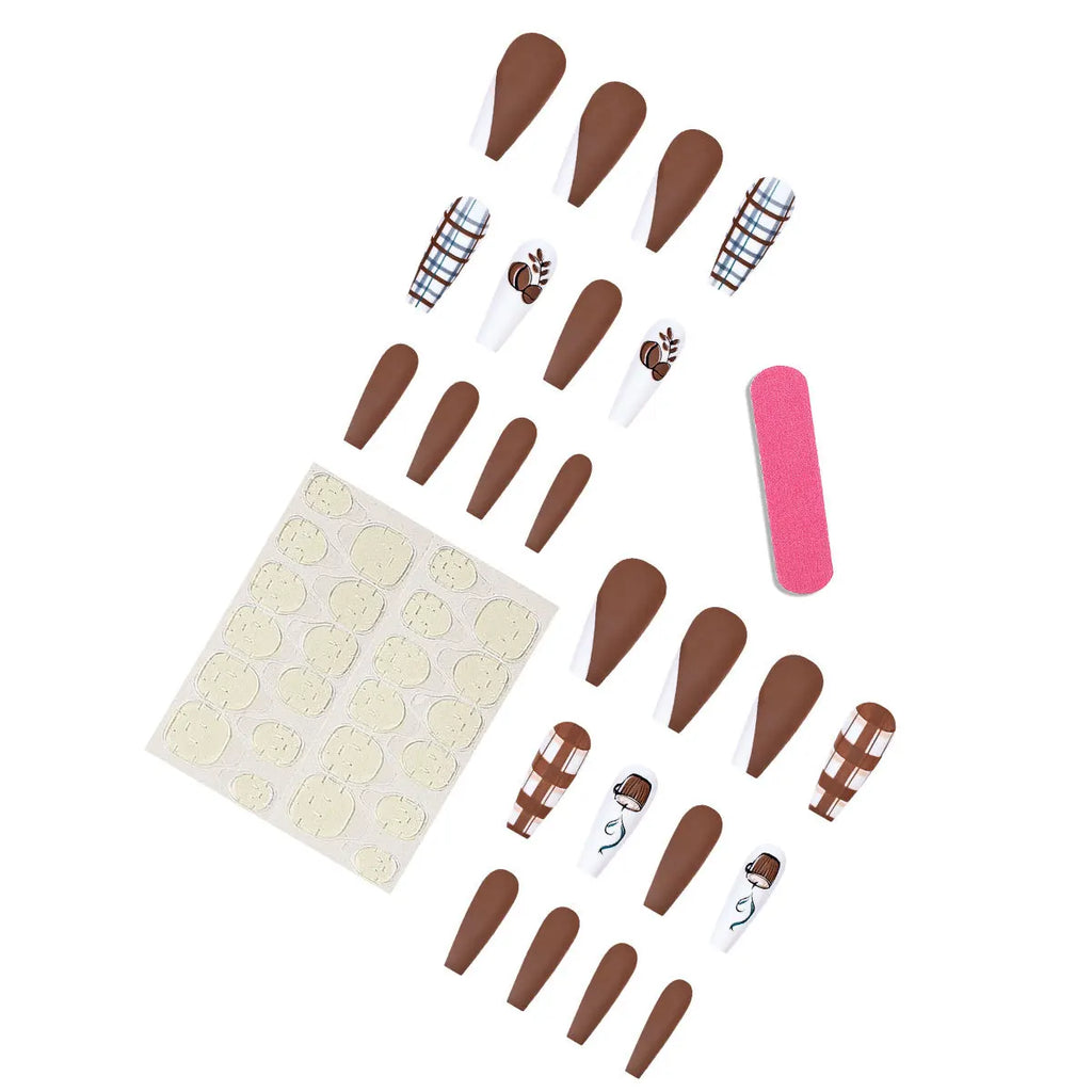 Short Medium fake nail for women brown coffee colors matte grid or glossy flowers design full cover reusable press on false nail