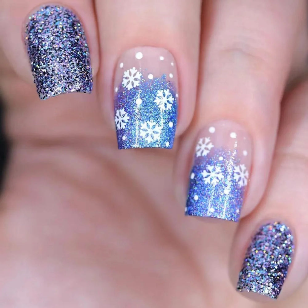 Snowflake Glitter Christmas Press-On Nails – Short Square, 24 Pcs