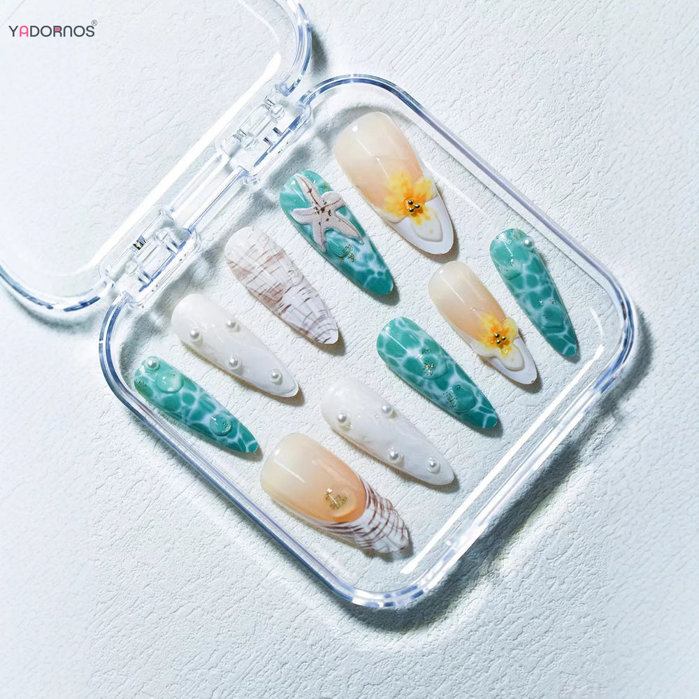 Water Ripple Starfish Handmade Press-On Nails – Almond, 10 Pcs