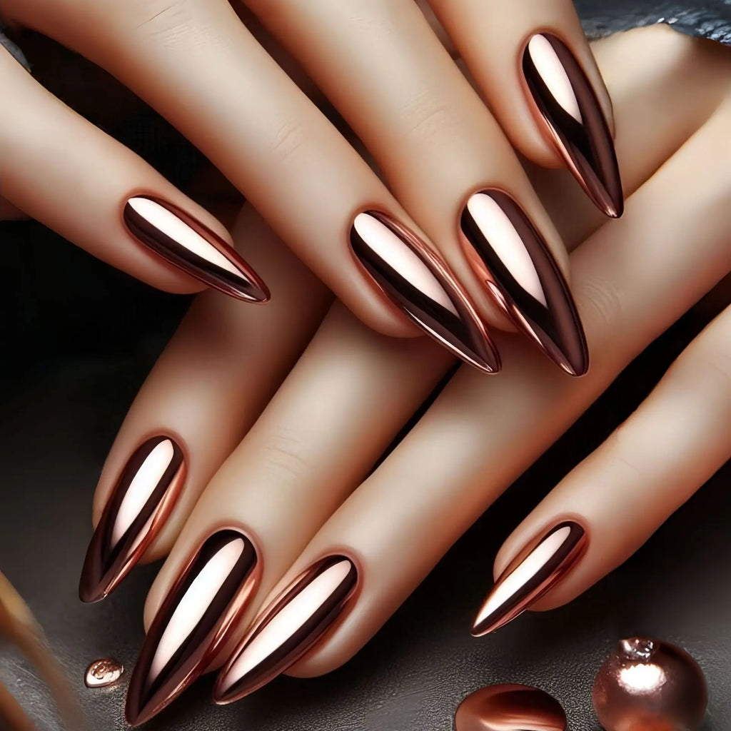 Medium fake nails for women  girls Holographic Plated champagne blue glossy almond nail tips full cover press on false nail art