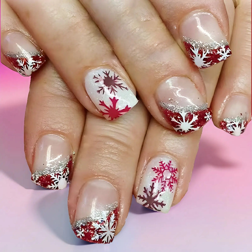 Snowflake Glitter Christmas Press-On Nails – Short Square, 24 Pcs