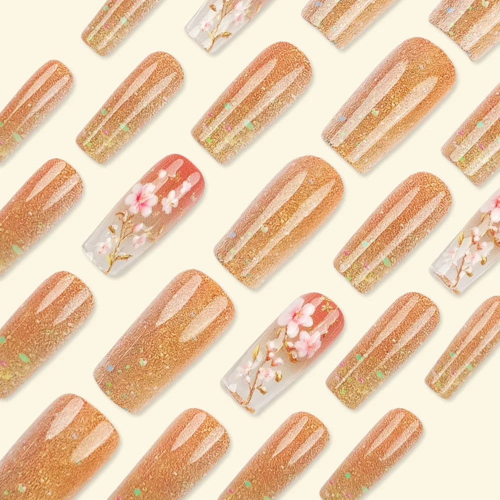 Medium fake nails for women gilrs Gradient red brown yellow square nail tips with Spring summer flowers press on false nail art