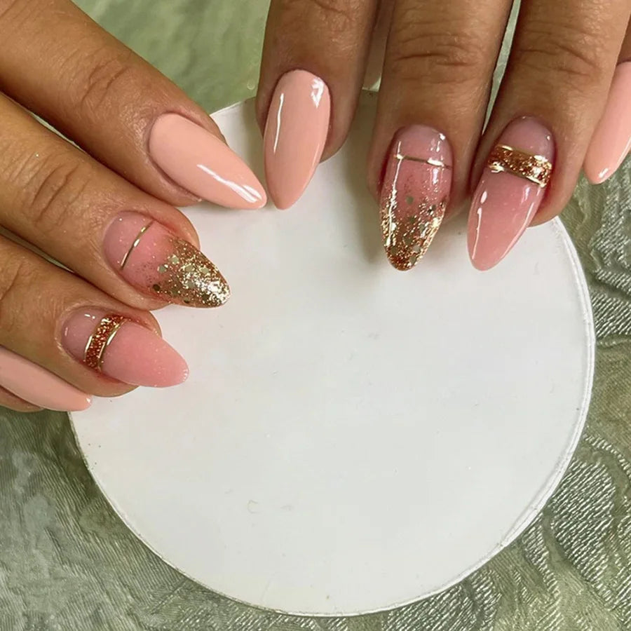 Nude Pink Glitter French Almond Press-On Nails – Medium