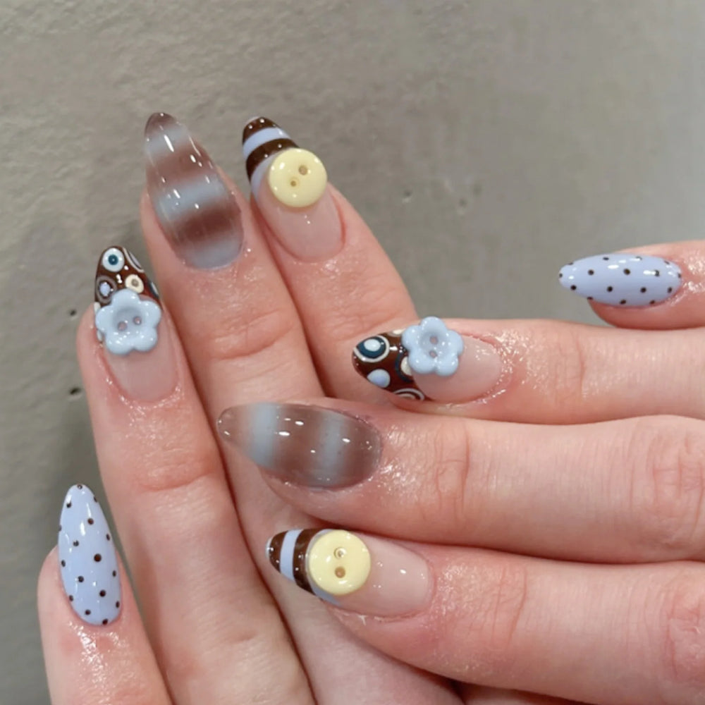 Blue & Brown Ombre 3D Button Flower Press-On Nails – Almond, 24 Pcs