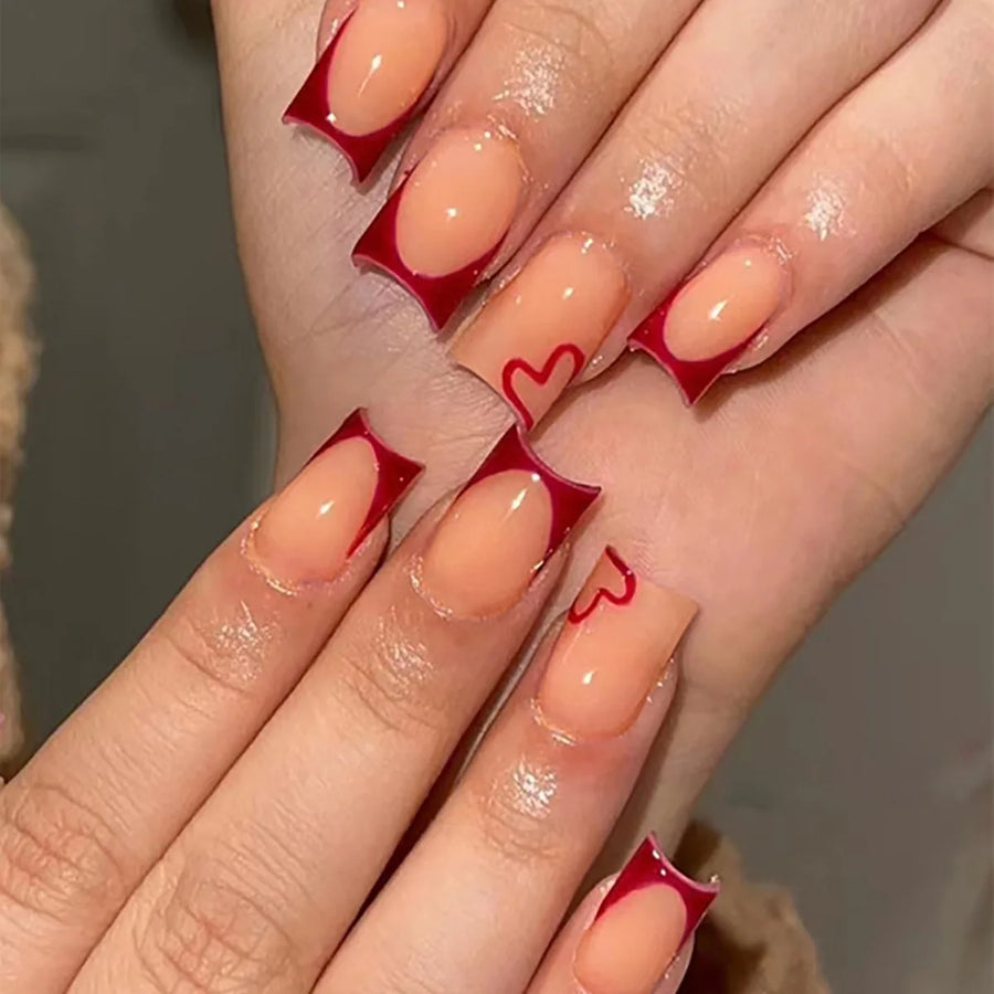 Red Pink Heart French Frame Press-On Nails – Medium Square