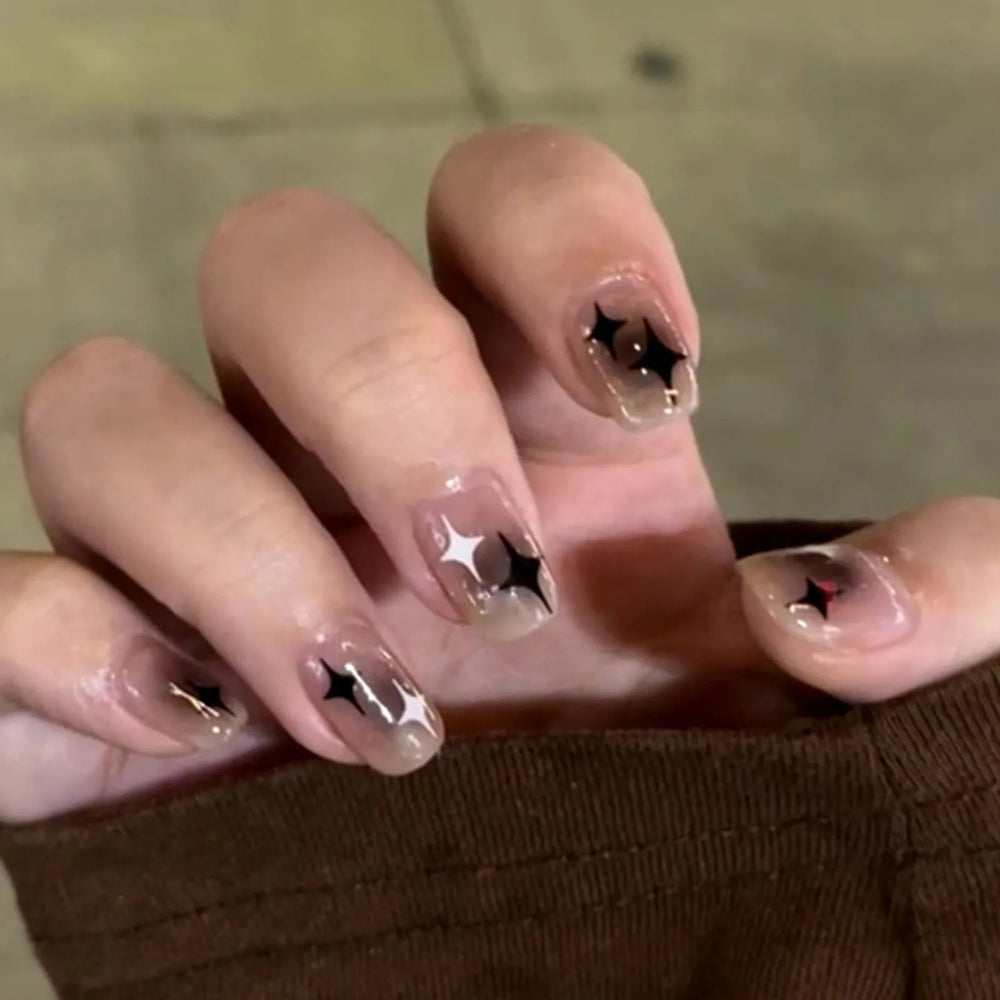 Y2K Black Ombre Star & Moon Press-On Nails – Medium Square, 24 Pcs
