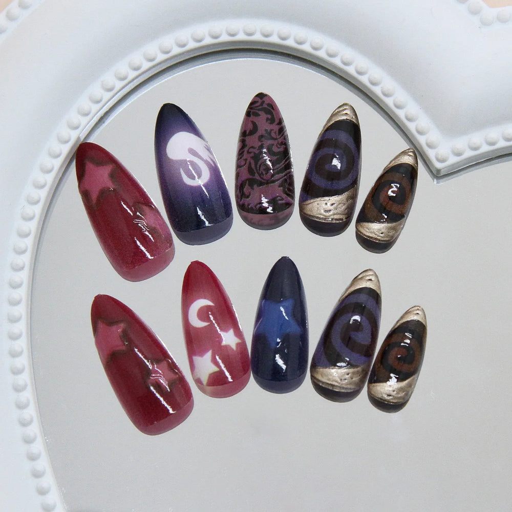 Y2K Moon, Star & Swan Press-On Nails – Almond, 24 Pcs