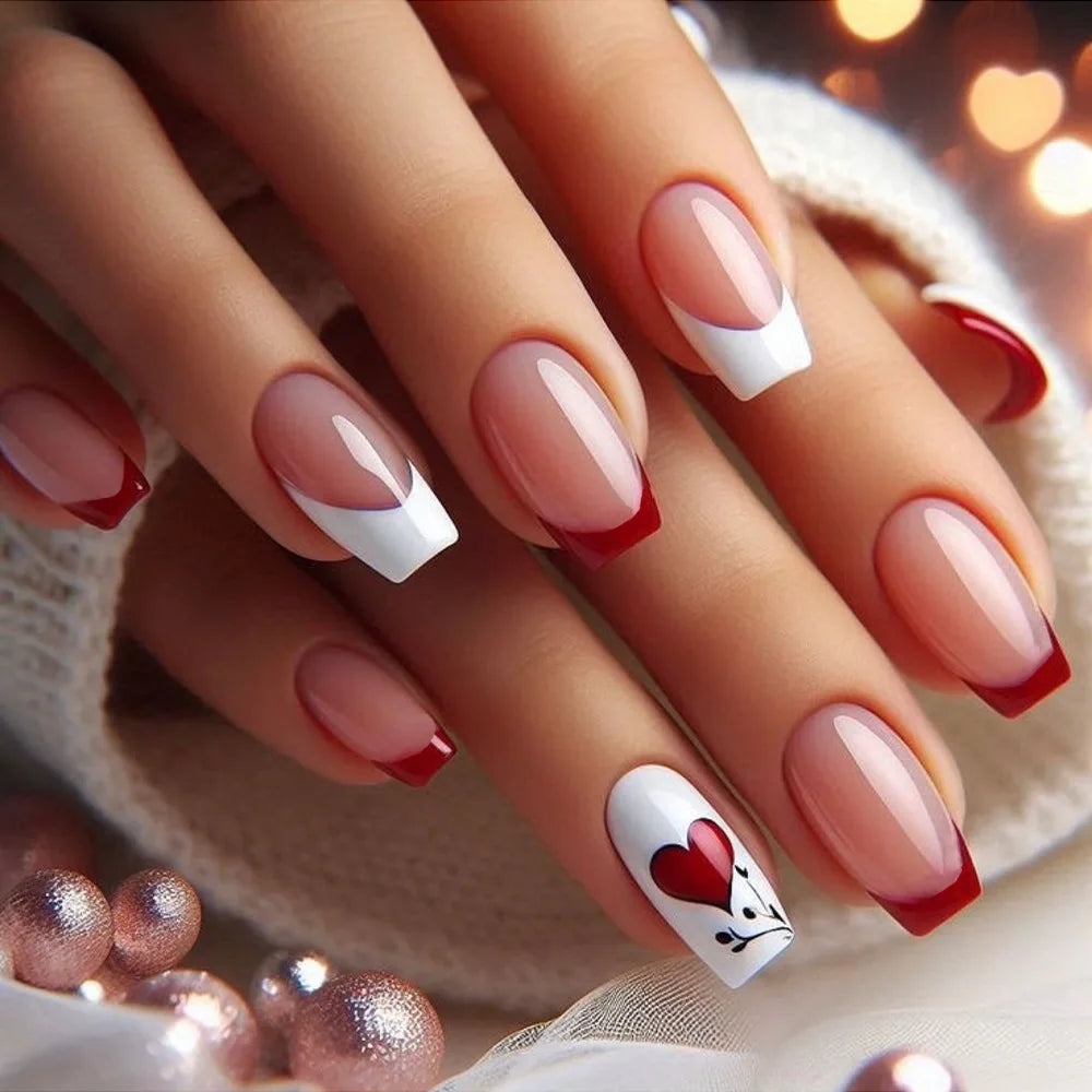 24pcs/set Fake Nails for Valentine's Day Gradient Red Black Cute Heart Rose Flowers Design French Tips Press On False Nail Art