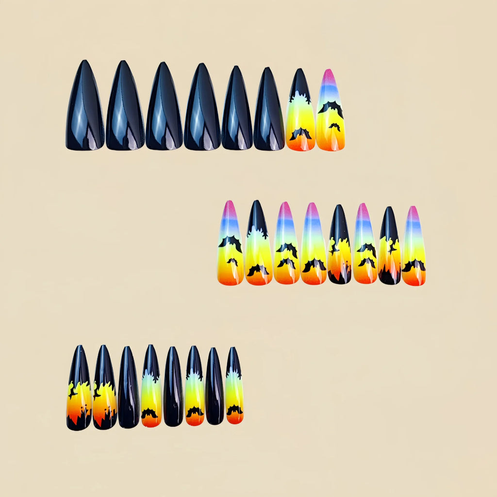 24pc/set fake nails for women gilrs Y2K colors bat or pumpkin castle design for Halloween almond shape press on false nail set