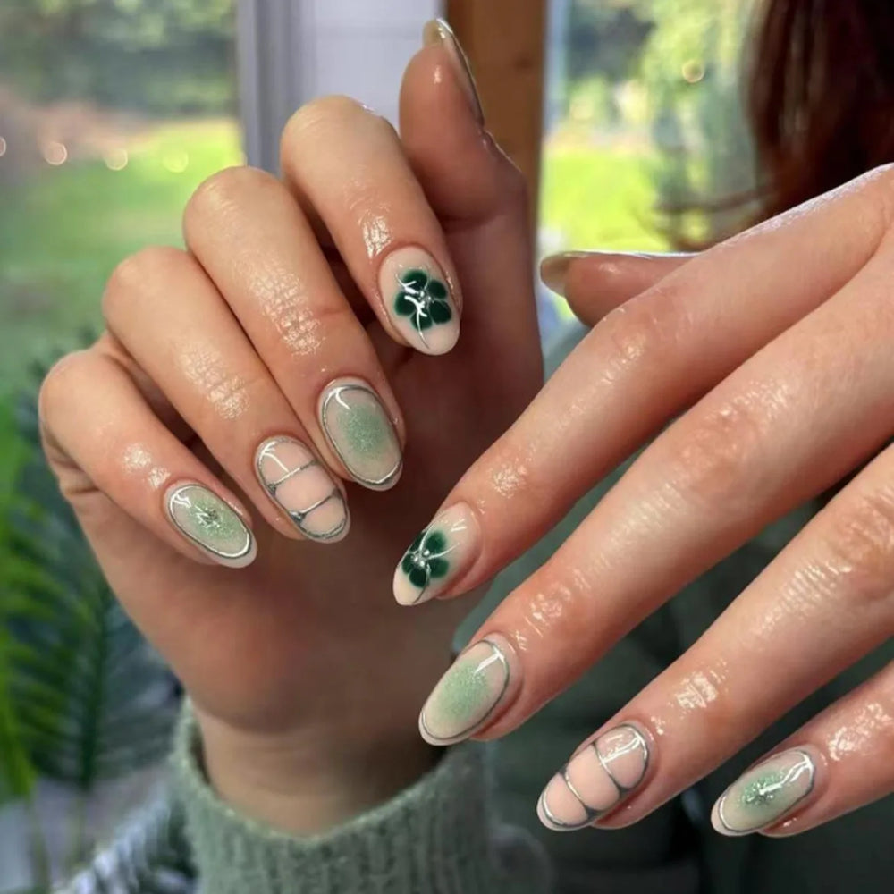 Hand-Painted Botanical Flower Press-On Nails – Almond, 24 Pcs