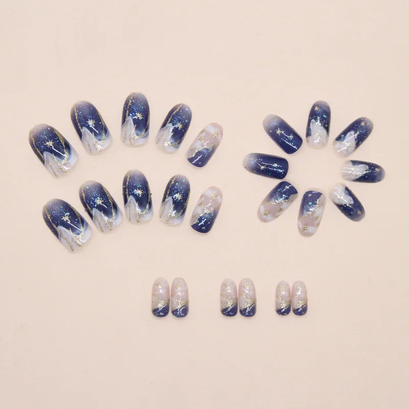 Smudged Blue Gold Star Press-On Nails – Almond, 24 Pcs