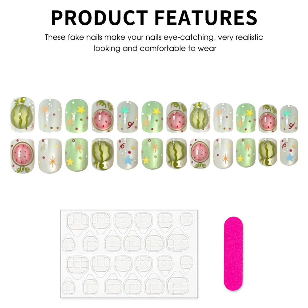 Watermelon & Star Jelly Press-On Nails – Short Round, 24 Pcs