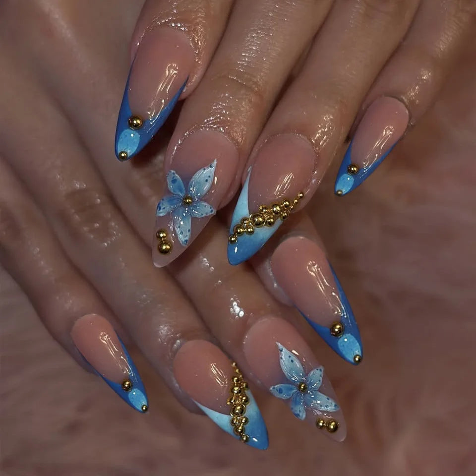 24pcs/set Medium long fake nails Gradient pink red blue flowers heart for Autumn Winter almond ballet tips press on false nail