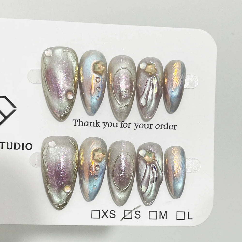 Aurora Chrome Fantasy Handmade Press-On Nails – Almond, 10 Pcs