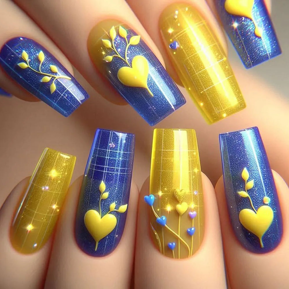 Purple Blue Starry Sky Sunset Flower Y2K Press-On Nails – Medium Long, 24 Pcs