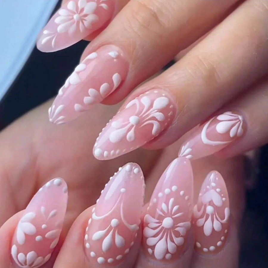 3D Flower & Bow Almond Press-On Nails – White Nude Pink
