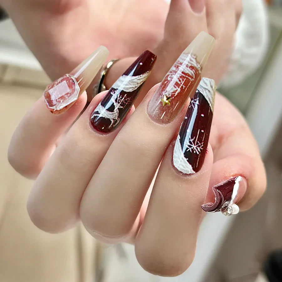 24pcs/set Medium long fake nails Gradient pink red blue flowers heart for Autumn Winter almond ballet tips press on false nail
