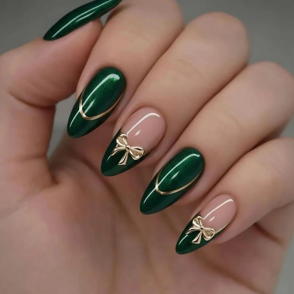 Medium fake nails for women nude dark green colors with golden Arc-shaped stripe bowknot almond nail tips press on false nail