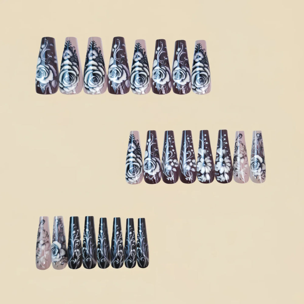 Grey & Red Rose Valentine's Ballet Press-On Nails – Long