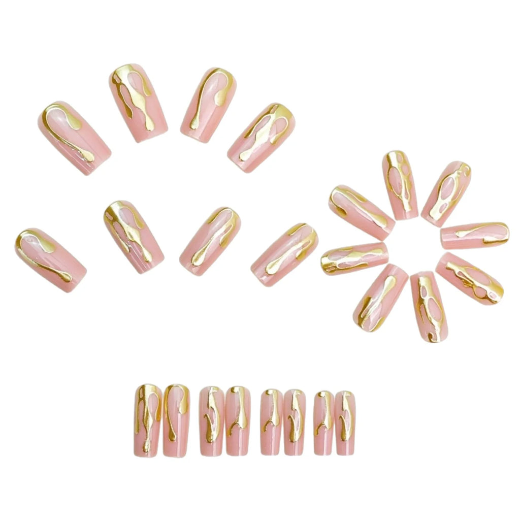 Medium long fake nails for women 3D golden gilding in nude quare nail tips full cover reusable press on Artificial Nails set