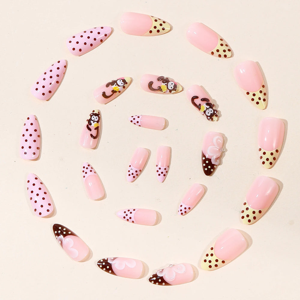 Cute Cartoon Monkey Polka Dot French Press-On Nails – Almond, 24 Pcs