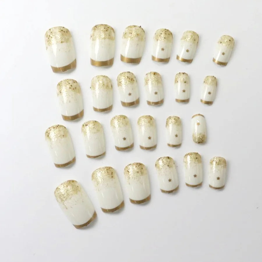 Medium Square fake nails for women girls white pink nail tips with golden silver sparkling glitters frame design press on nail