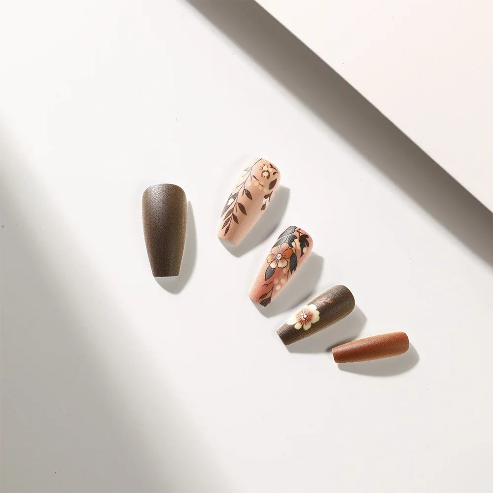 Medium fake nails for women coffee brown colors nail tips with flowers design ballet shape full cover reusable press on nails