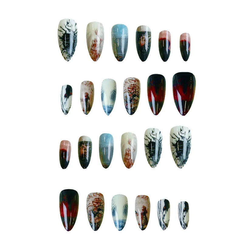 Dark Gothic Angel & Raven Handmade Press-On Nails – Stiletto, 10 Pcs
