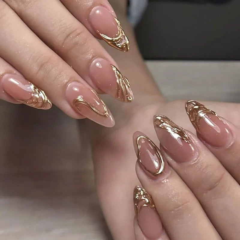 3D Nude Almond Press-On Nails with Gold Frame Stripe – Medium