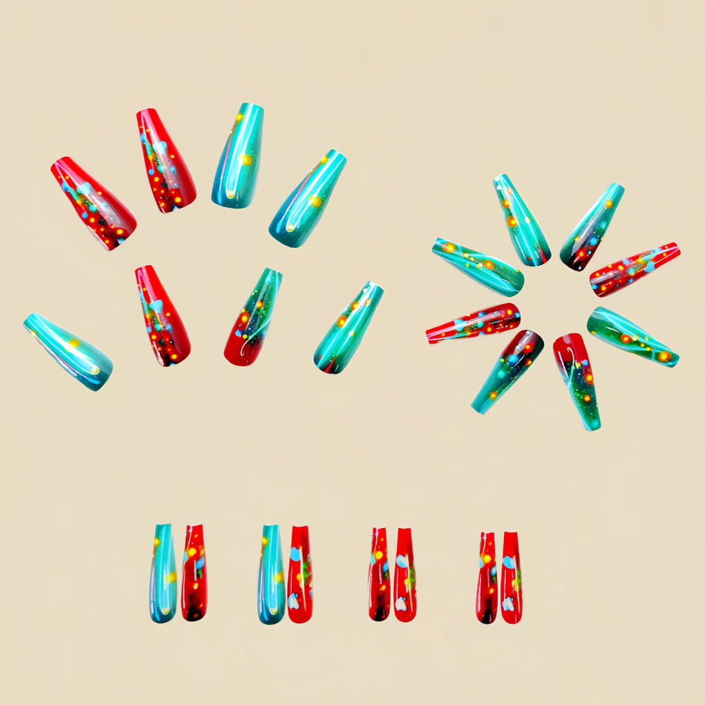 Long fake nails for women girls Y2K color gradient yellow red blue heart leopard print ballet tips full cover acrylic false nail