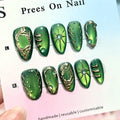 30pcs/set Medium fake nails glossy green cat eyes with golden frame handmade rhinestones reusable ABS press on Artificial Nails