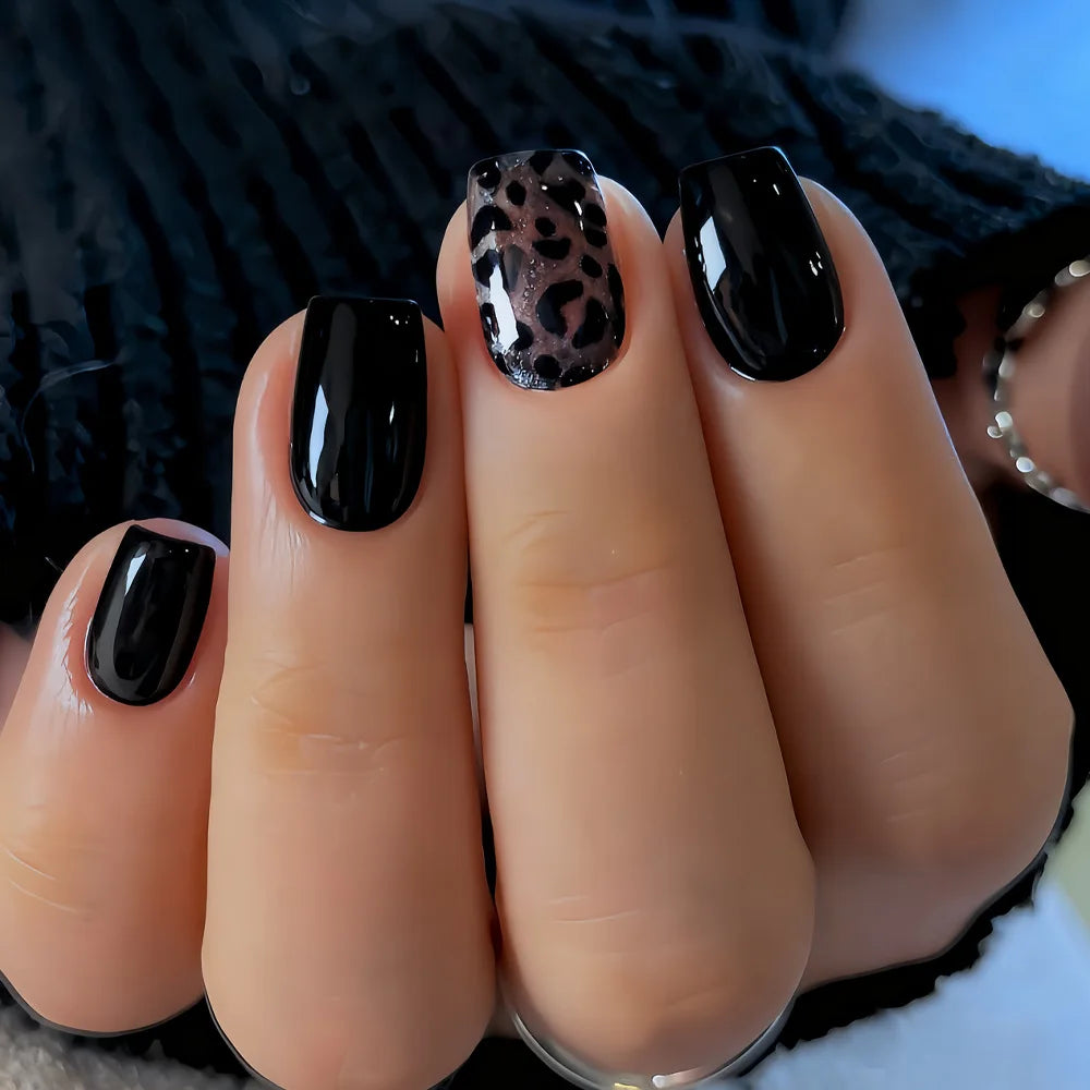 Glitter Leopard Press-On Nails – Wine Red Black Brown Nude, Short Square, 24 Pcs