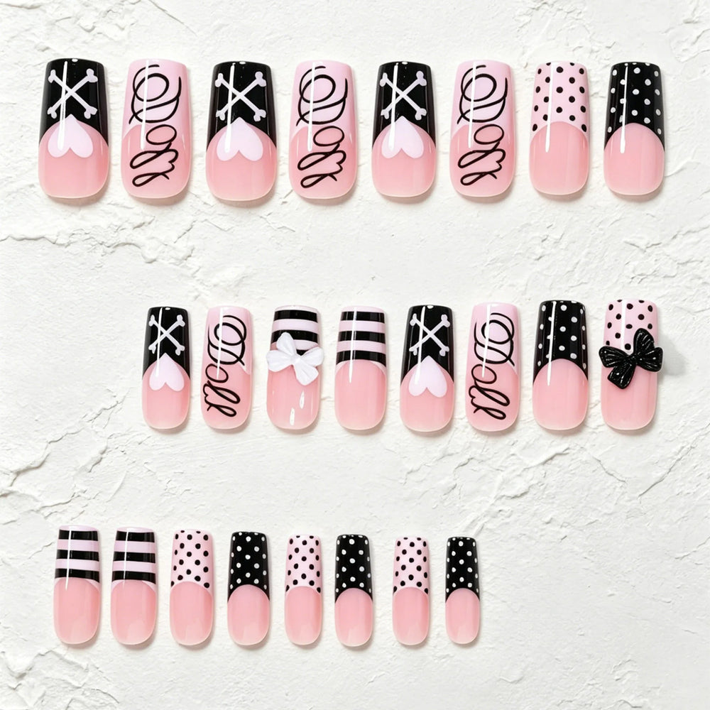 Black & White Polka Dot Bow Y2K Press-On Nails – Long Square, 24 Pcs