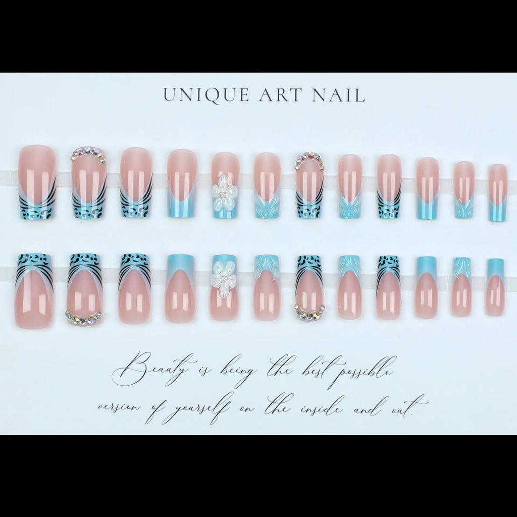 Medium fake nails for women gilrs 3D embossed flowers orange blue colors for Spring summer french style press on false nail art