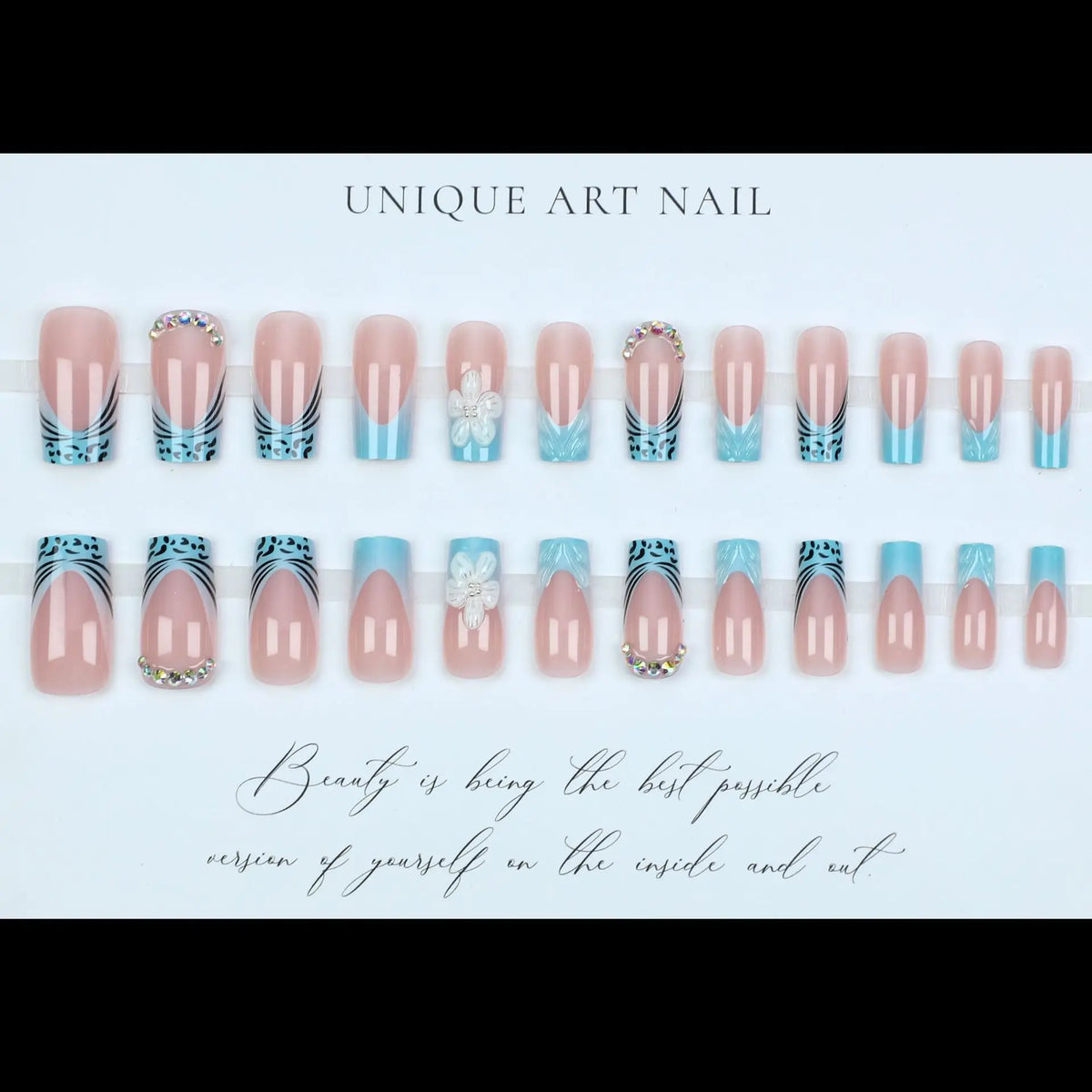 Medium fake nails for women gilrs 3D embossed flowers orange blue colors for Spring summer french style press on false nail art