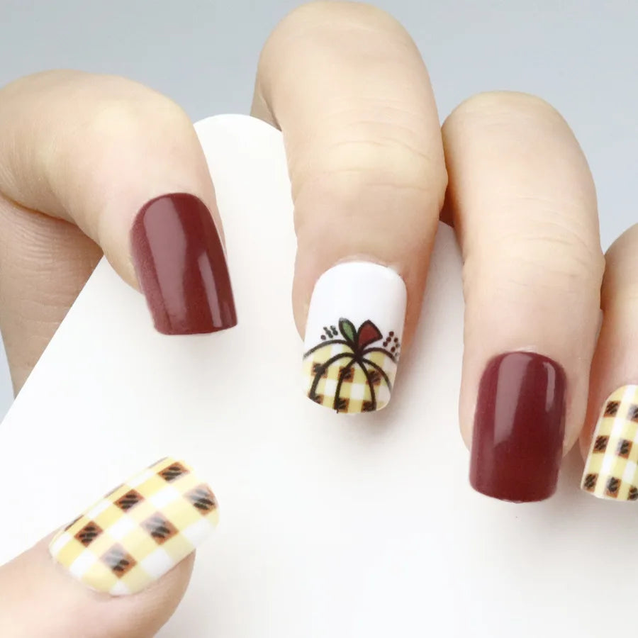 24pcs/set Short Square Ballet almond fake Nails tips Red Black Gold Purple Floral Geometric Pattern Press-On False Nails art set