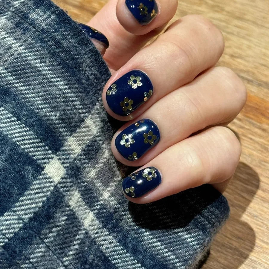 Short Square Fake Nails for Women Girls Spring Summer Flowers in Deep Blue Golden Colors Full Cover Press On Acrylic False Nail