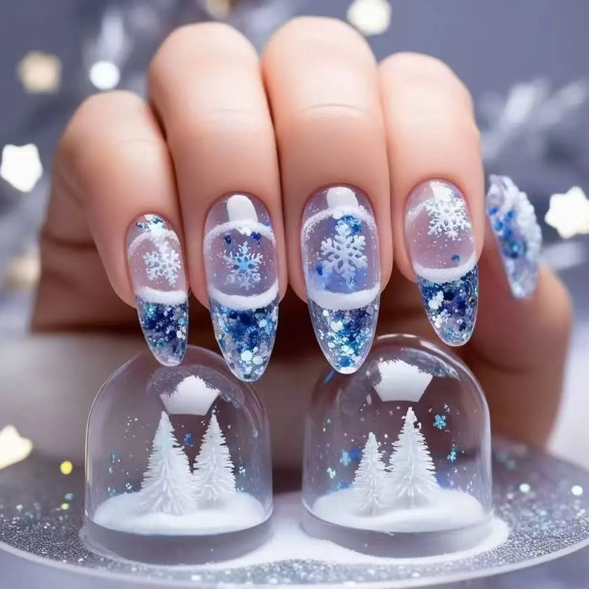 Medium Square almond fake nails for Christmas party Winter forest snowflakes Santa Claus Santa Claus design press on false nail