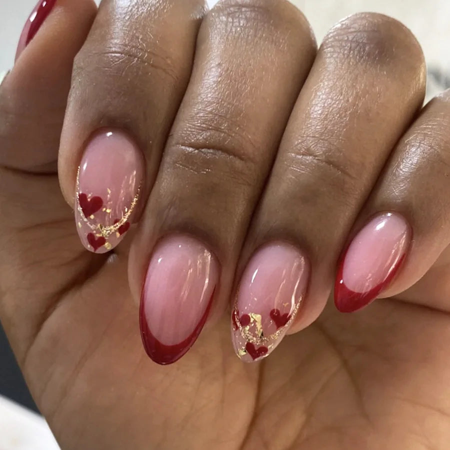 Medium Almond Ballet Fake Nail Tips Glossy Shimmer Gradient Black Red Silver Golden French Heart Geometric Press On False Nail