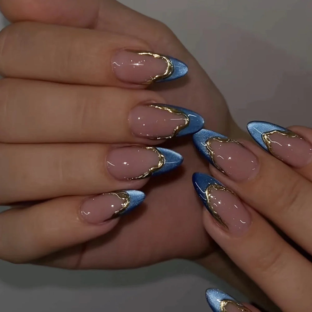 Blue Cat-Eye French Tip Press-On Nails – Almond, 24 Pcs